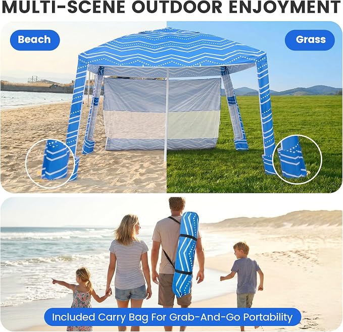 Zeraty Beach Cabana 8'×8', Portable Beach Canopy with Side Wall, UPF 50+ Silver-Coated B Each Tent Sun Shelter Easy Pop Up, Wind Resistant Adjustable Height B Each Umbrella Tent for Family, Boho Blue