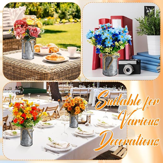 Rustic Vase for Table Centerpieces 4.33 Inch Small Petite Flower Vase with Twine Bow Vintage Farmhouse Decor for Wedding Reception Dining, Home Galvanized Metal Buckets(Iron Color,12 Pcs)