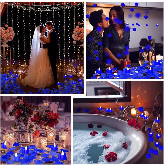 Coume 120 Pcs Romantic LED Heart-Shaped Candles with 6000 Rose Petals Set, Perfect for Weddings Anniversaries, Proposal, Date, Valentine's Day, Hotel, Battery-Operated, Reusable (Blue Light)