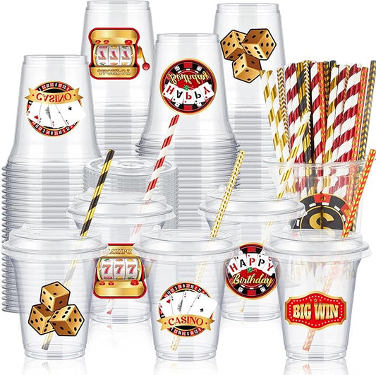 FoldTier 60 Set Casino Party Plastic Cups Bulk 14 oz Disposable Clear Cups with Lids and Paper Straws for Poker Birthday Party Supplies Favor Casino Theme Decorations