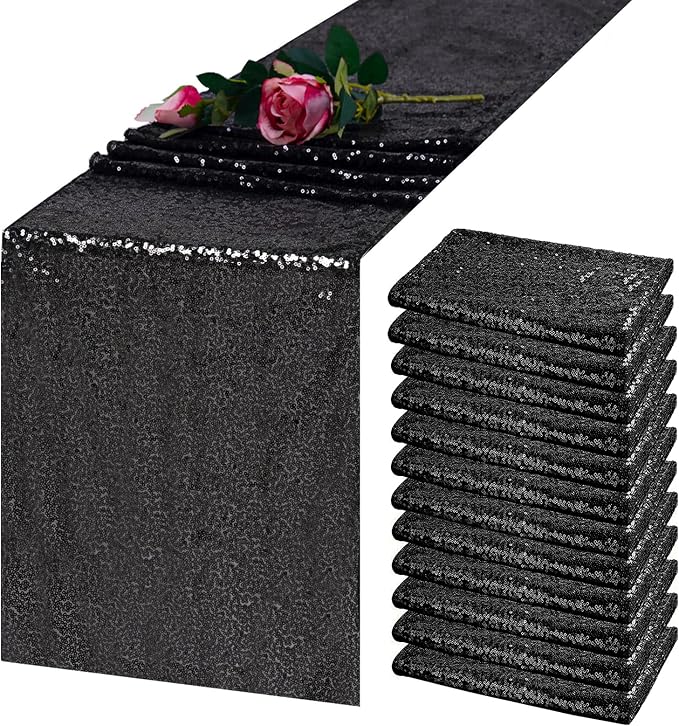 12 Pack Black Sequin Table Runner 12x72 Inch, High Density Sparkly Glitter Table Runners for Wedding Reception, Birthday Party, Banquet, Baby Shower,Halloween, Black Metallic Shimmering Decor