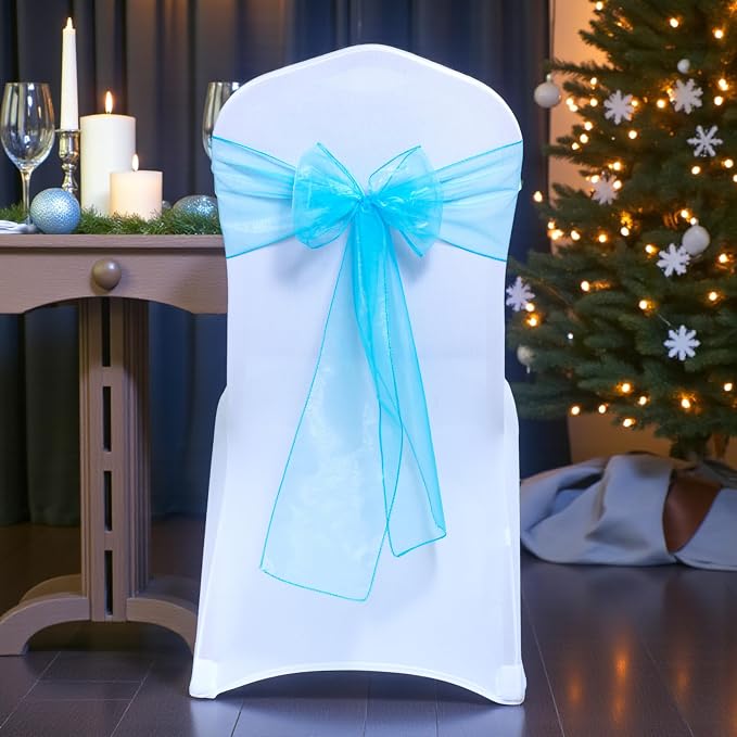 MDS® Pack of 50 Organza Chair Sashes for Wedding Decoration, Reusable Sheer Chair Bows for Banquet Chair Cover, Reception, Bridal Shower, Baby Shower, Birthday Party & Special Events - Turquoise