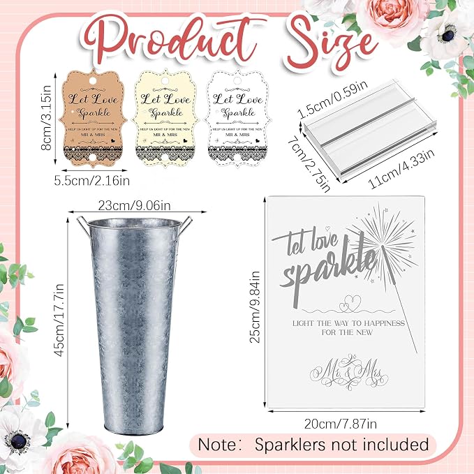 Henoyso 153 Pcs Wedding Send Off Set, 150 Lace Wedding Tags, 2 Pack 17.7 Inch Galvanized Metal Buckets, 1 Acrylic Send Off Sign with Stand for Party Decorations(Silver)