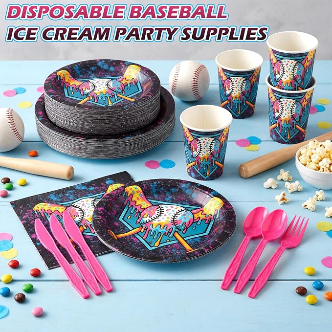 FoldTier 350 Pcs Black Ice Cream Drip Baseball Birthday Party Decorations Set Ice Cream Paper Plates Napkins Fork Set Disposable Fairy Tableware Decorations Supplies for Baby Shower Dinner Serves 50