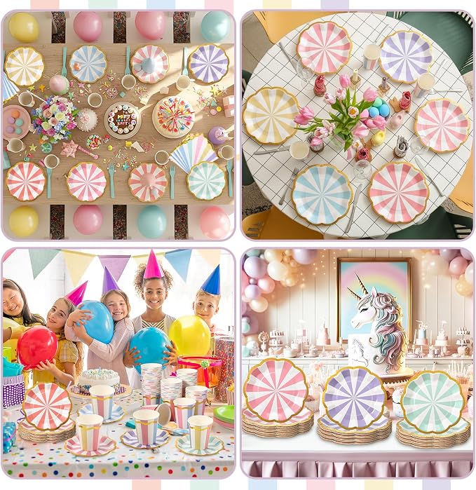 Yungyan 108 Pcs 36 Guests Pastel Paper Plates and Napkins 9 oz Party Cups 6" Scalloped Pastel Dessert Plates Colorful Stripe Disposable Tableware Set for Birthday Ice Cream Carnival Party Supplies