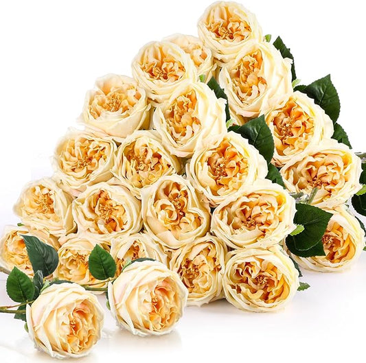 Giegxin 20 Pcs Real to Lifelike Peonies Austin Roses Artificial Flowers, Faux Look Real Long Stems Fake Flower with Big Blooms for Christmas Valentines Wedding DIY Arrangement Home Decor(Champagne)