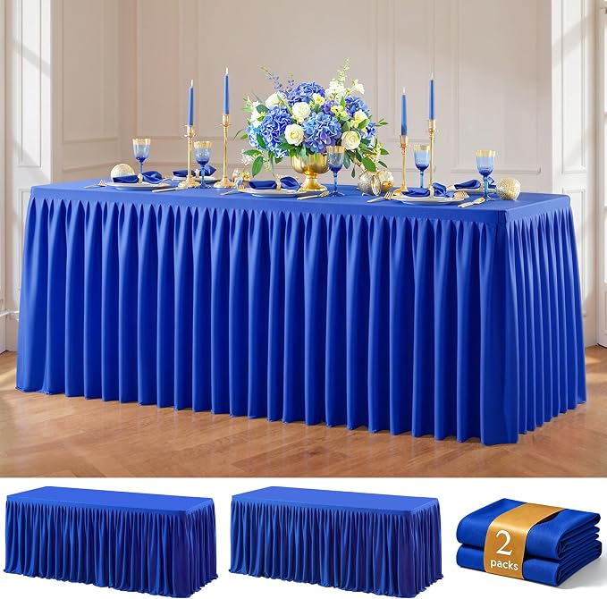 Royal Blue Polyester Table Cloths for Rectangle 8 Foot Tables, 2 Pack Wrinkle Free Tablecloths Stretchy Banquet Ruffle Fitted Table Cover Desk Skirt for Parties Wedding Birthday Baby Shower