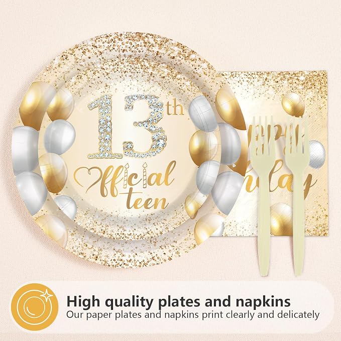 96Pcs Happy 13th Birthday Decorations Official 13 Teen Plates and Napkins Tableware Set White and Gold Glitter Thirteen Birthday Decorations for Girls 13 Years Old Birthdays Party Supplies Serves 24