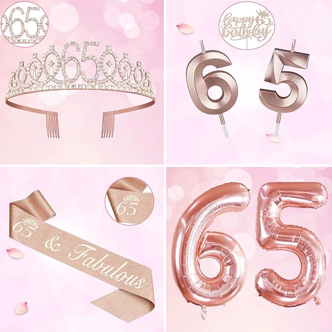 65th Birthday Decorations for Women, Including 65th Birthday Sash and Tiara, Cake Topper and Candles, Number Balloons, 65 Year Old Gifts Women
