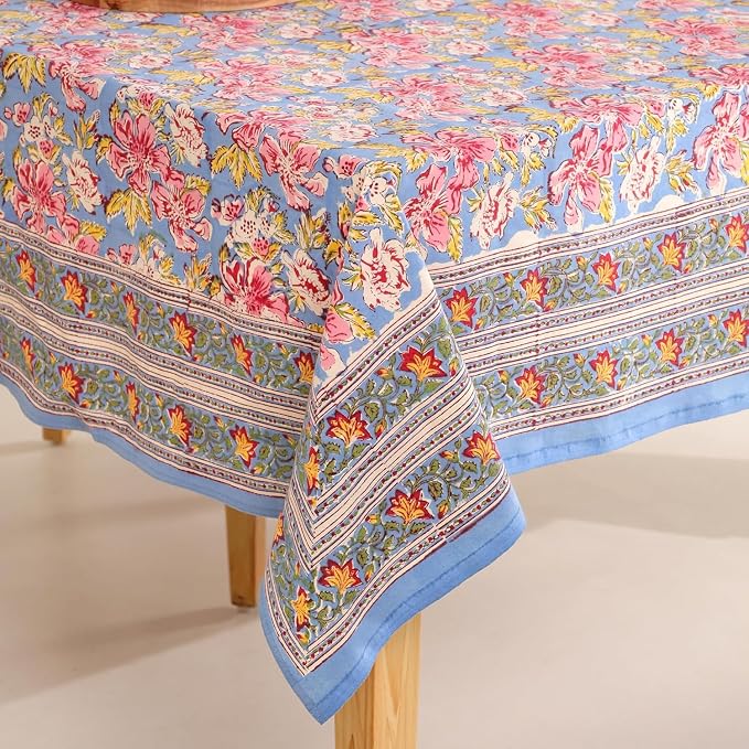 Hand Block Printed Tablecloth, Colorful Floral Print, Indian Artisan Handmade Art, Dining Room, Kitchen, Outdoor Décor, (Sunset Petals, 12 Seater 72 x 135 Inches Rectangle)