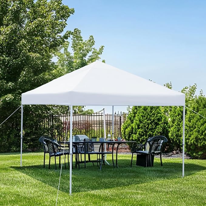 Amazon Basics Outdoor Pop Up 10 x 10 Canopy Tent for Events, Portable with Easy Setup, Sun Shelter, Includes Wheeled Carry Bag, 8 Pegs, 4 Ropes, 4 Weighted Bags, White