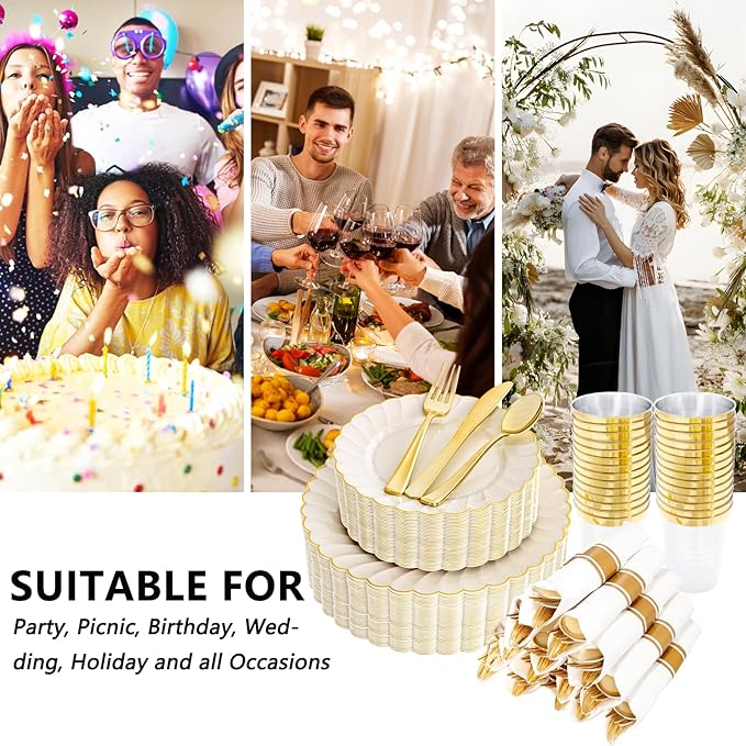 YOUBET 350PCS Ivory Scalloped Plastic Plates - Ivory and Gold Disposable Dinnerware Set Include 100 Plates, 150 Gold Silverware, 50 Cups, 50 Napkins for Wedding & Party