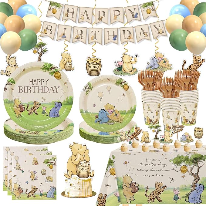 192pcs Winnie Birthday Decorations, Vintage Winnie Bear Plates Napkins Cups Forks Tablecloth Balloons Banner Hanging Swirls Cupcake Toppers for Boy Girl Party Supplies 25 Guests