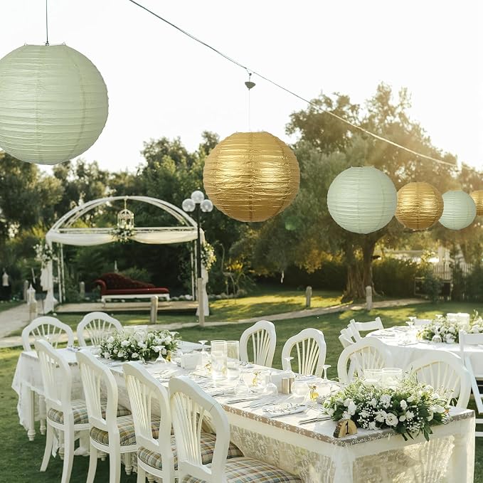 20Pcs Paper Lanterns Decorative, Sage Green and Gold Round Hanging Paper Lanterns Decorations for Rustic Party Bridal Shower Wedding Birthday Home Decor