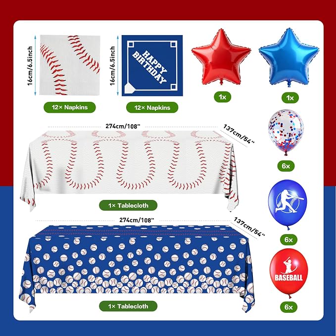 223pcs Baseball Plates Napkins Birthday Party Supplies Tableware Set Include Plates, Napkins, Cups, Cutlery, Balloons, Banner, Hanging Swirls, Tablecloths for Baseball Party Decorations Serve 24