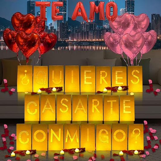 ¿Quieres casarte conmigo? Lighted Letters Sign 17pcs Luminary Paper Bags 2200pcs Red Pink Artificial Rose Petals 48pcs Flameless LED Candle Tealight 15pcs Heart Balloons Romantic Night Valentine's Day