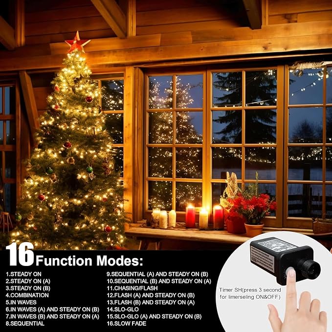 LAMPHOME 33ft Christmas Decorative Mini Lights, 100 LED Transparent Wire Fairy Starry String Lights Plug in, 16 Lighting Modes, for Indoor Outdoor Xmas Tree Wedding Party Decoration (Warm White)
