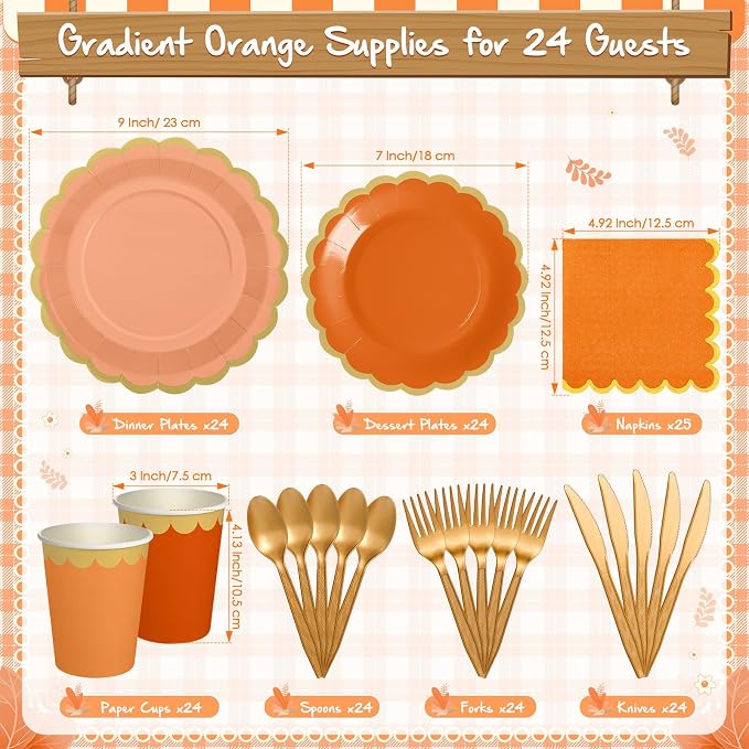 Mimorou 169 Pcs Beige-orange Beach Party Supplies Set Fall Disposable Tableware Kit with Plates, Cups, Napkins, Cutlery in Orange Tones for Fall Autumn Thanksgiving Baby Shower, Birthday