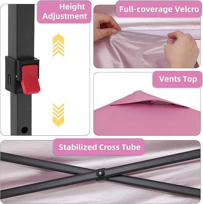 GDY 10x10 Pop Up Canopy Tent with 4 Sidewalls, Easy Set up, Outdoor Silver Coated Beach Gazebos, Carpas with 4 Sandbags, for Outdoor, Parties,Camping, Pink.