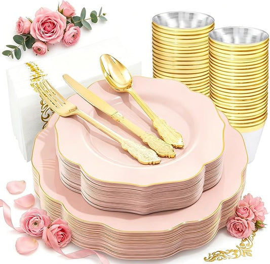 NOCCUR 175PCS Pink Plates with Gold Disposable Silverware - Include 50 Pink Plastic Plates,25 Knives,25 Forks,25 Spoons,25 Cups and 25 Napkins - Ideal for Party/Wedding/Mother's Day