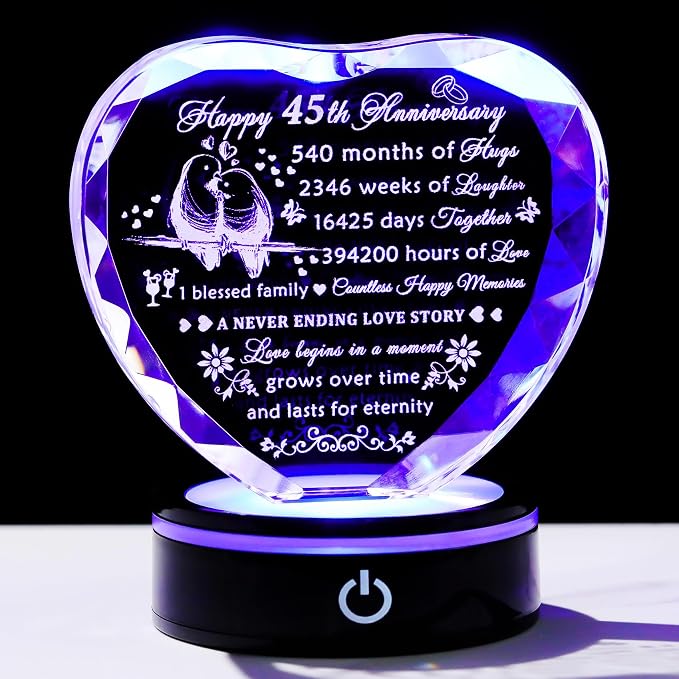 YWHL 45th Wedding Anniversary Crystal Heart Gifts for Couple Parents, Laser Engraved Romantic 45 Year Anniversary Crystal Keepsake Gifts for Wife Husband, 45 Years of Marriage Gifts for Her Him