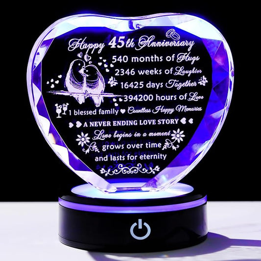YWHL 45th Wedding Anniversary Crystal Heart Gifts for Couple Parents, Laser Engraved Romantic 45 Year Anniversary Crystal Keepsake Gifts for Wife Husband, 45 Years of Marriage Gifts for Her Him