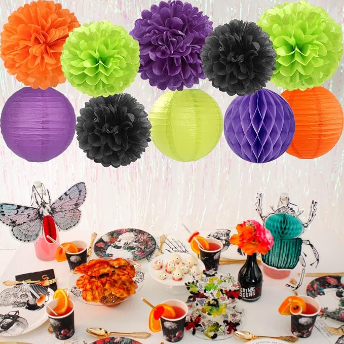 Orange Black Green Purple Paper Flowers Tissue Pom Poms Honeycomb Lanterns 15pcs Party Decorations Halloween Birthday Wedding Baby Bridal Shower Bachelorette Hanging Supplies Mprocherify