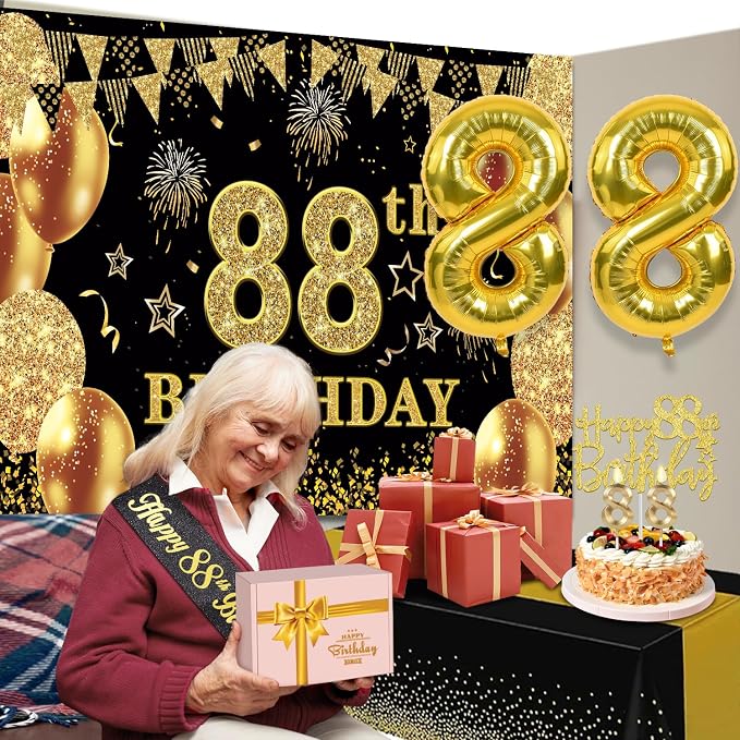 88th Birthday Decorations Men Women with 88th Birthday Banner, Black and Gold Table Cloth, Number Balloons, Sash, Cake Topper and Candles