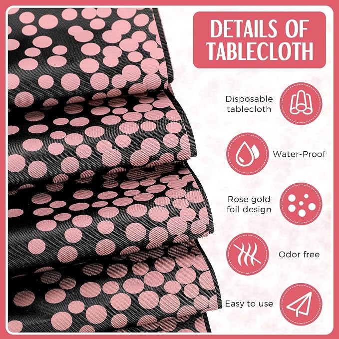 Tudomro 16 Pcs Black and Rose Gold Disposable Plastic Tablecloths and Satin Table Runner Set 54x108 Inch Tablecloth 12x108 Inch Table Runners for New Year Wedding Birthday Baby Shower Graduation