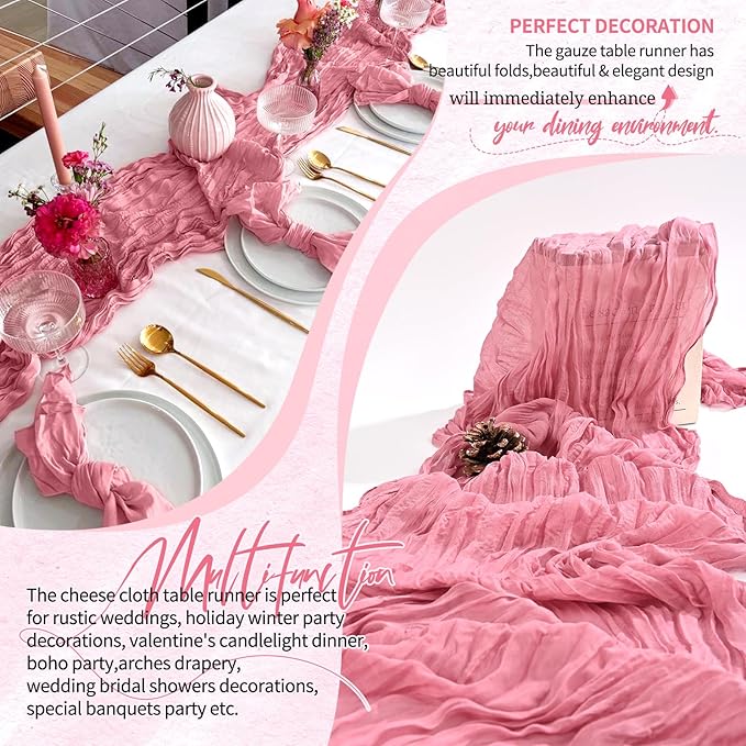 10 Pack Dusty Rose Cheesecloth Table Runner 10FT Boho Gauze Cheese Cloth Table Runners Romantic Rustic Sheer Table Decorations for Wedding Party Baby Shower Birthday Holiday Home