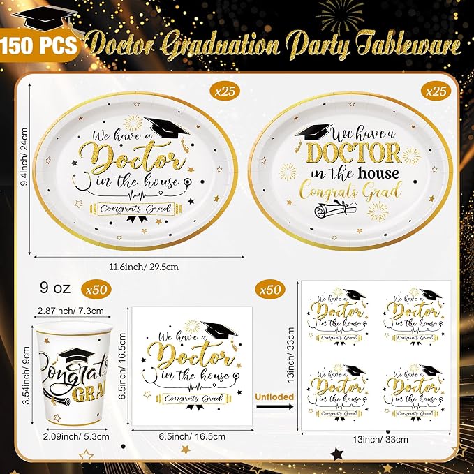 Vesici 150 Pcs Doctor Graduation Party Supplies We Have a Doctor in the House Tableware Set Paper Plate Cup Napkin 10" x 12" Large Heavy Duty Disposable Plate for Medical School Grads Celebration