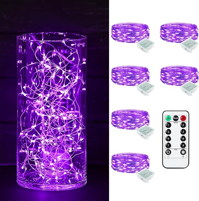 6 Pack Fairy Lights Battery Operated with Remote Timer 8 Lighting Modes,7ft 20 LED Waterproof Mini String Lights for Halloween Christmas Table Centerpieces Bedroom Decorations,Purple
