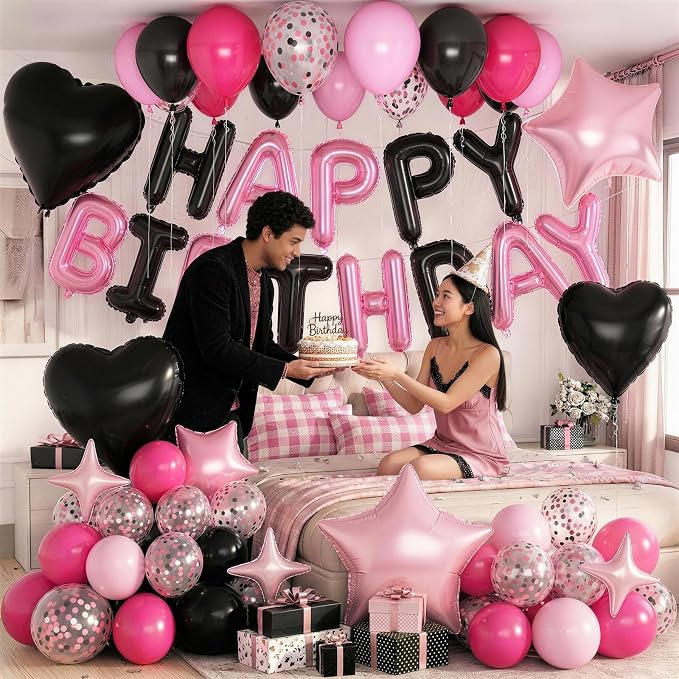 Pink and Black Birthday Decorations for Girls Women Hot Light Baby Pink Black Balloons Confetti Party Balloon Happy Birthday Banner Heart Balloons 18/10 Inch Star Balloon for Bday Party Supplies