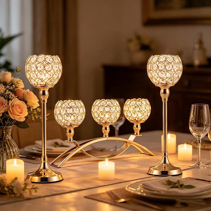 Set of 3 Gold Candle Holders Wedding Table Centerpieces,Tealight Candlestick Candelabra Stand with 3 Arms for Fireplace Home Living Room Decor,Valentine's Day Housewarming