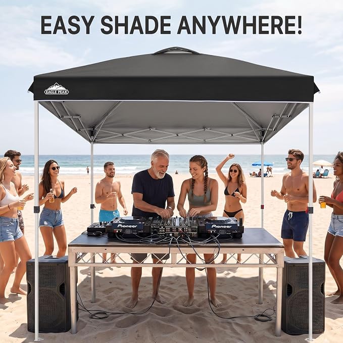 EAGLE PEAK Pop Up Canopy Tent with Wheeled Carry Bag, 8 Stakes, 4 Ropes, Easy Set Up Tent Canopy, 8x8 ft, Black