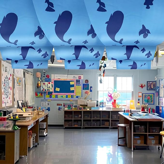 VioraWhite 6 Pcs Under the Ocean Ceiling Decorations Shark Themed Birthday Party Decorations 24 Inch x 12 ft Whale Shark Banners Marine Sea Animal Ceiling Covers for Baby Shower Daycare Classroom
