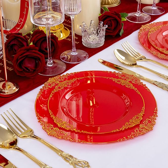 102PCS Red and Gold Plastic Plates - Red Plates Disposable - Vintage Plastic Plate with Gold Rim Include 51PCS Dessert & 51PCS Dinner Plate Perfect for Weddings & Party