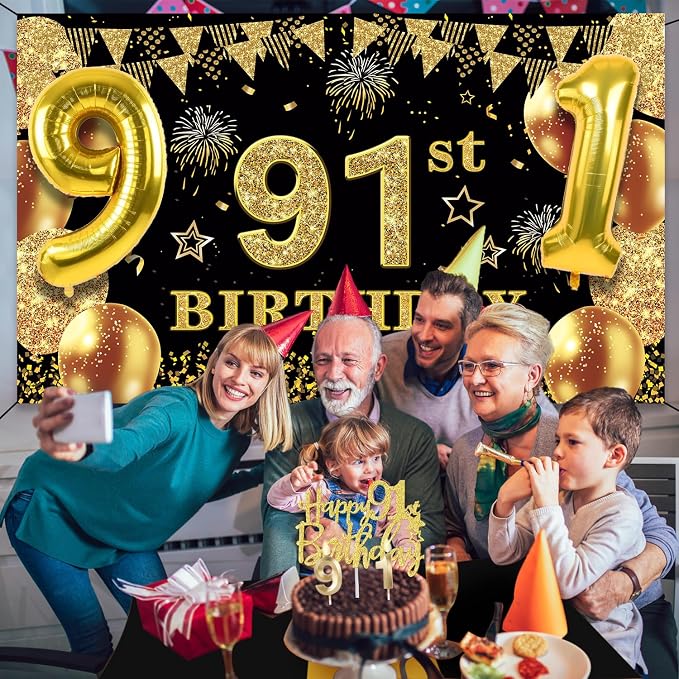 91st Birthday Decorations Men Women with 91st Birthday Banner, Black and Gold Table Cloth, Number Balloons, Large Sash, Cake Topper and Candles