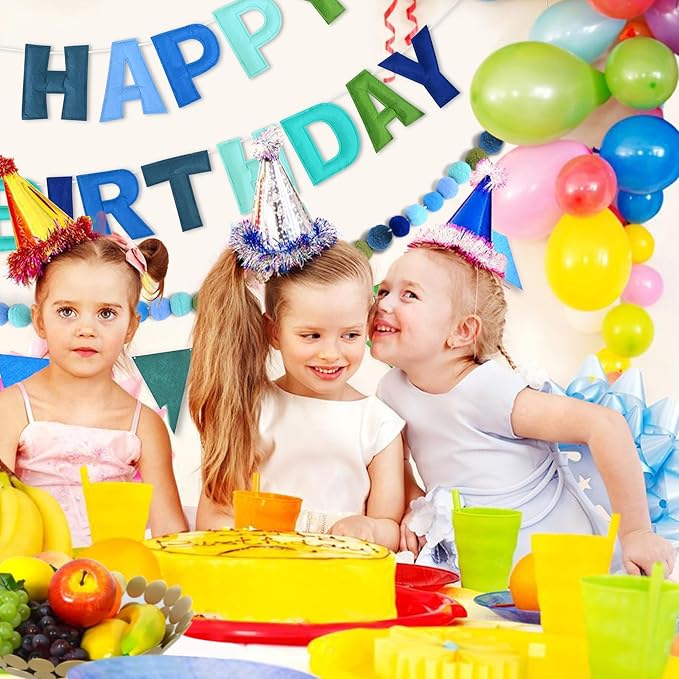 CANREVEL Pre-Strung 3D Rainbow Happy Birthday Banner, 3 PCS Happy Birthday Felt Sign, Pom Pom Garland, Triangle Fabric Bunting, Colorful Reusable Birthday Decorations for Women Men Girls Boys, Blue