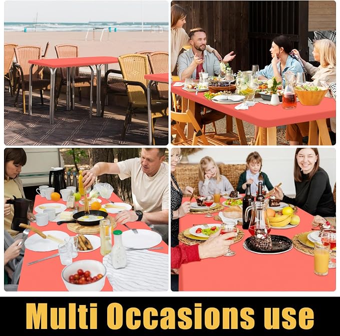 Smiry 4 Pack Rectangle Picnic Table Cloth, Waterproof Elastic Fitted Tablecloths, Washable Polyester Rectangular Patio Table Cover for Camping, Indoor and Outdoor (Coral Red, 30"x72")