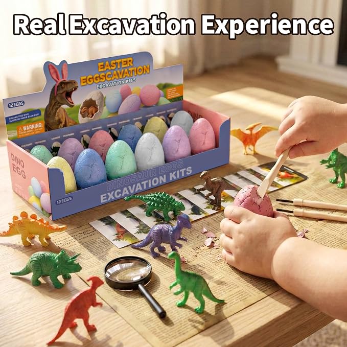 12 Pack Colorful Dinosaur Eggs Excavation Kit with Learning Cards - Dino Dig STEM Science Toy for Kids - Easter Basket Stuffers, Party Favors Birthday Gifts Classroom Activities for Boys Girls Age 3+