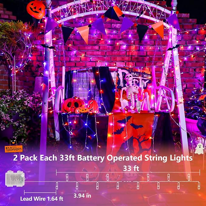 QITONG 2 Pack Battery Operated Halloween Lights, Each 33ft 100 LED Orange and Purple String Lights Outdoor Waterproof with Remote, Clear Wire Christmas Twinkle Lights with 8 Modes Indoor