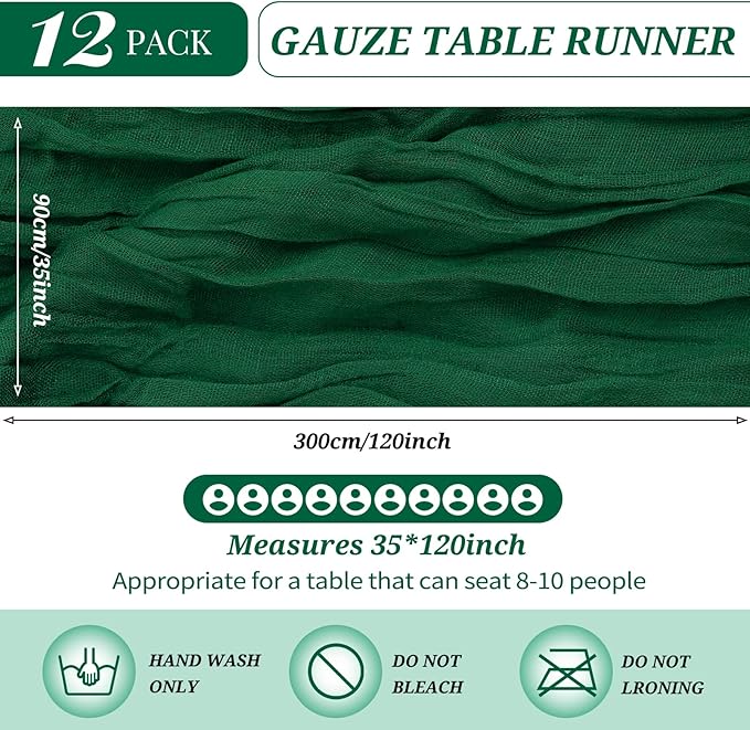 12 Pack Cheesecloth Table Runner 35 x 120 inch Long Boho Cheese Cloth Gauze Table Runners Semi Sheer Table Runner for Wedding Decor, Bridal Shower, Birthday Party (Emerald Green)