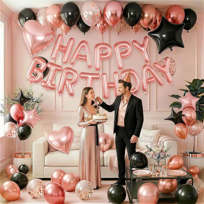Rose Gold and Black Birthday Decorations for Women Black Pearl Rose Gold Metallic Party Balloons Confetti Balloon Happy Birthday Banner Heart Balloons 18/10 Inch Star Balloon for Bday Party Supplies