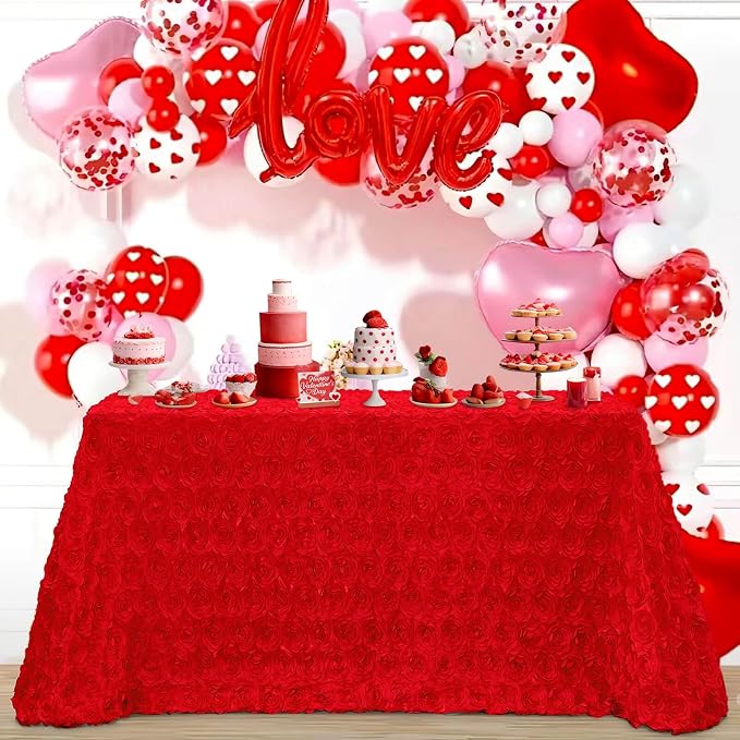 B-COOL Red Tablecloth 90x132 Inch Satin Rose Floral Table Overlays for Rectangle Tables Wedding Baby Shower Events Party Decoration