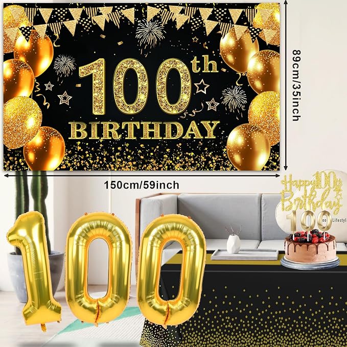 100th Birthday Decorations Men Women with 100th Birthday Banner, Black and Gold Table Cloth, Number Balloons, Large Sash,Cake Topper and Candles