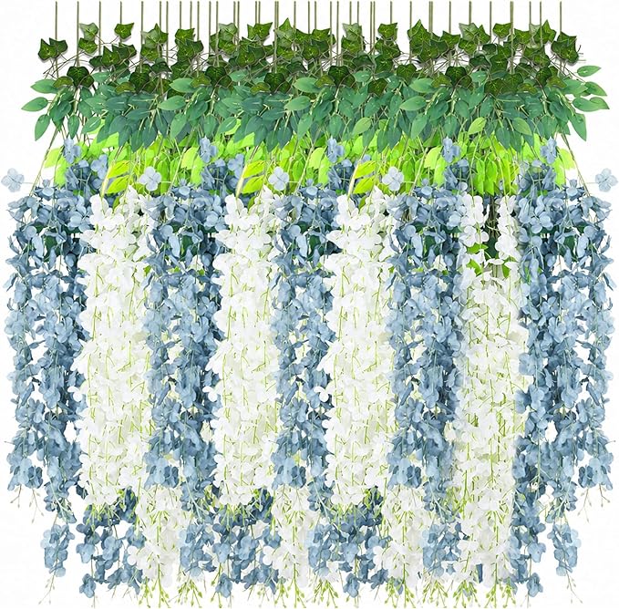 25 Pcs Artificial Wisteria Hanging Flowers 3.6ft Dusty Blue & White Fake Hanging Flowers Garland Silk Flowers Rattan String Faux Wisteria Vine for Wall Home Wedding Party Arch Greenery Backdrop Decor
