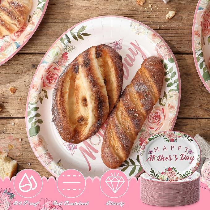 Jenaai 100 Pcs Mothers Day Oval Paper Plates Mothers Day Party Decorations 12.6" x 10.6" Happy Mother's Paper Plates Heavy Duty Plate Floral Disposable Tableware Set for Mother's Party Supplies