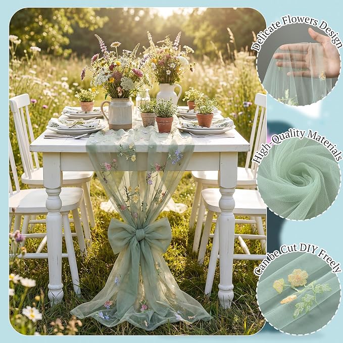 Lounsweer Sage Green Wildflower Table Runner 10ft Embroidery Tulle Spring Floral Table Runner Seasonal Summer Butterfly Kitchen Dining Gauze Decoration for Wedding Baby Shower Birthday Party