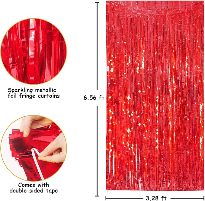 JOYIT 5 Pack Red Tinsel Backdrop - 3.28 ft x 6.56 ft Fringe Backdrop, Glitter Foil Fringe Curtains for Party Decorations, Birthday, Bachelorette, Graduation, Wedding (Red, 5 Pack)